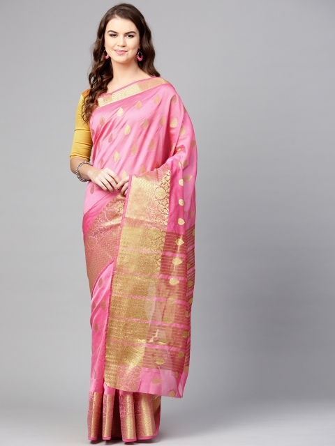

Saree mall Pink & Golden Woven Design Kanjeevaram Saree