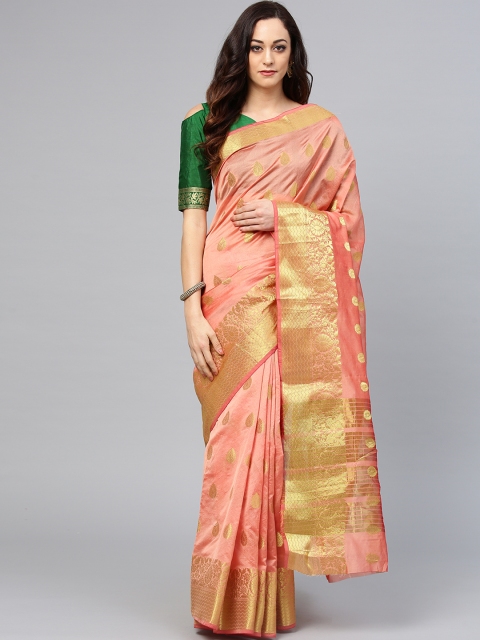 

Saree mall Peach-Coloured & Green Woven Design Kanjeevaram Saree