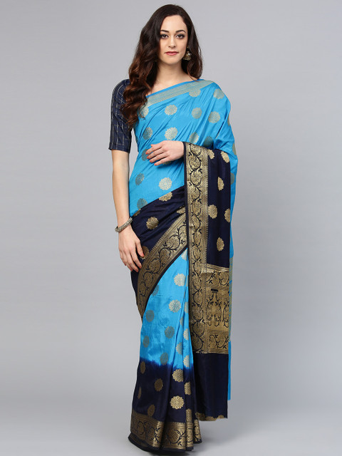 

Saree mall Blue & Golden Woven Design Kanjeevaram Saree