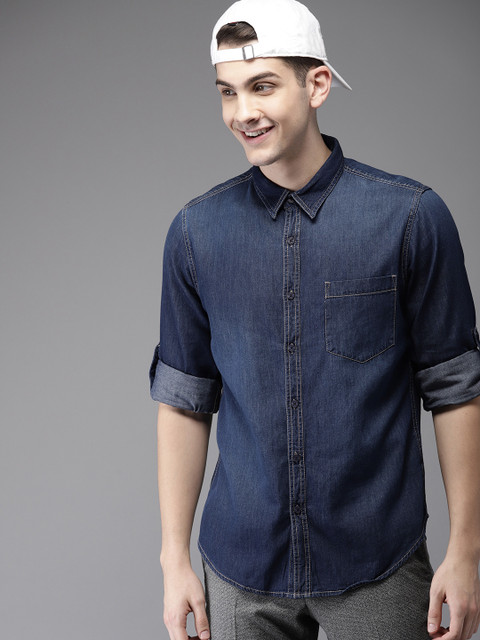

HERE&NOW Men Navy Blue Regular Fit Solid Denim Casual Shirt