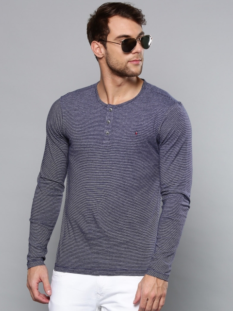 

Louis Philippe Jeans Men Navy Blue Striped Henley Neck T-shirt