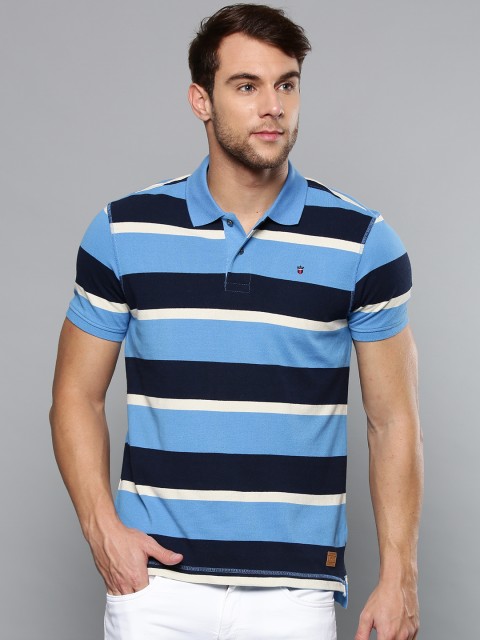 

Louis Philippe Jeans Men Blue Striped Polo Collar T-shirt