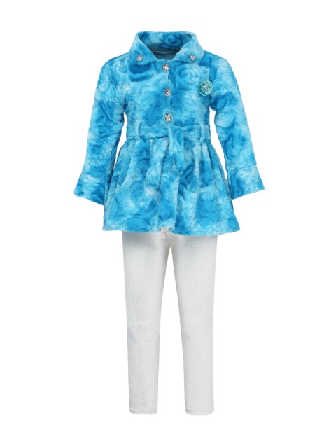 

Aarika Girls Blue & Off-White Printed Coat with Leggings