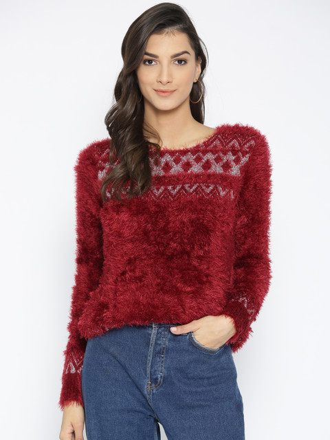 

all about you Women Maroon Self Design Fuzzy Pullover