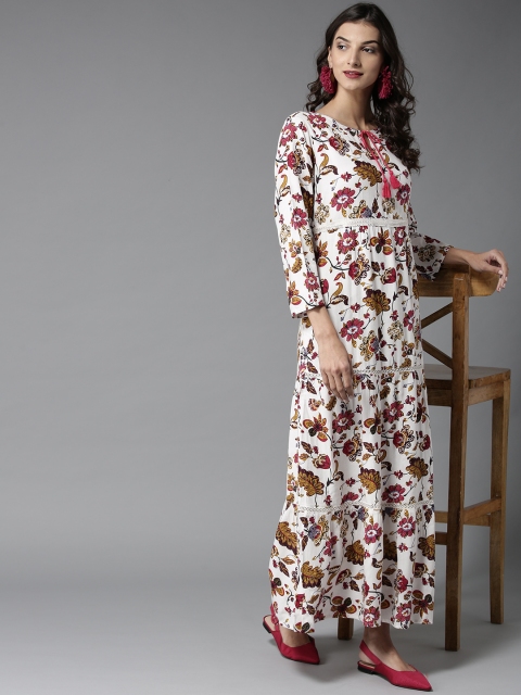 

HERE&NOW Women Off-White & Magenta Printed Tiered Maxi Dress