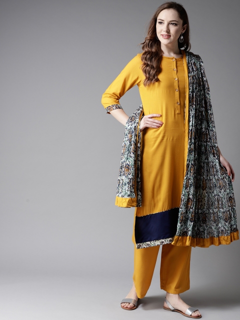 

Moda Rapido Women Mustard Yellow & Navy Blue Solid Kurta with Palazzos & Dupatta