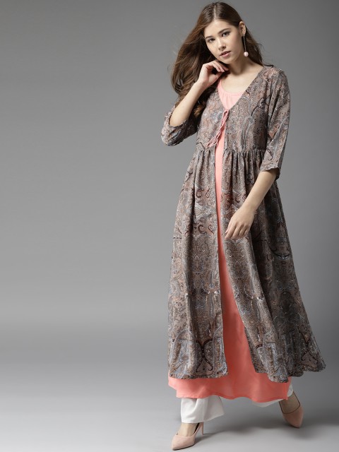 

HERE&NOW Women Taupe & Peach-Coloured Printed Layered A-Line Kurta