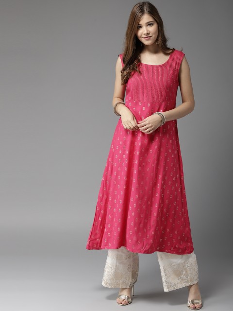 

HERE&NOW Women Pink & Golden Printed A-Line Kurta
