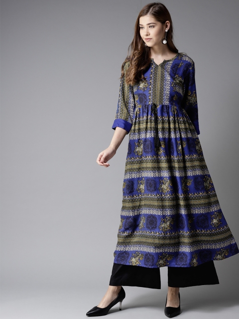 

HERE&NOW Women Navy Blue & Black Printed A-Line Kurta