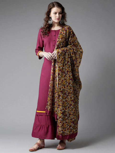 

Moda Rapido Women Burgundy Solid Kurta with Sharara & Dupatta