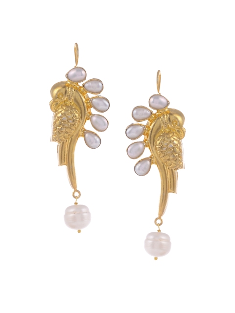 

Silvermerc Designs Gold-Plated & White Peacock Shaped Handcrafted Drop Earrings