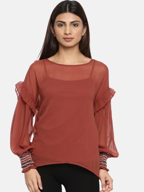

CODE by Lifestyle Women Rust Orange Semi Sheer Solid Top