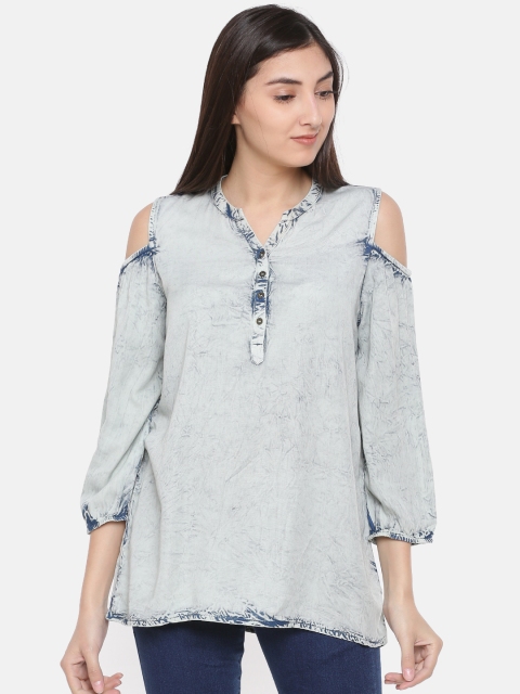

Fame Forever by Lifestyle Women Cold-shoulder Blue Dyed Longline Top