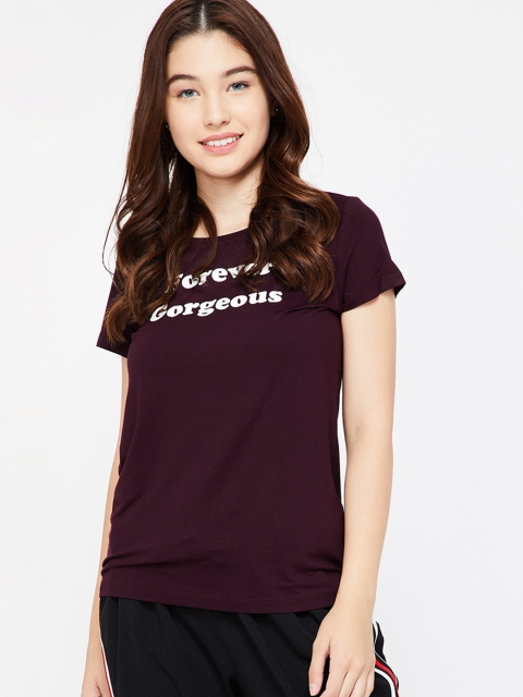 

Fame Forever by Lifestyle Women Burgundy Printed Round Neck T-shirt