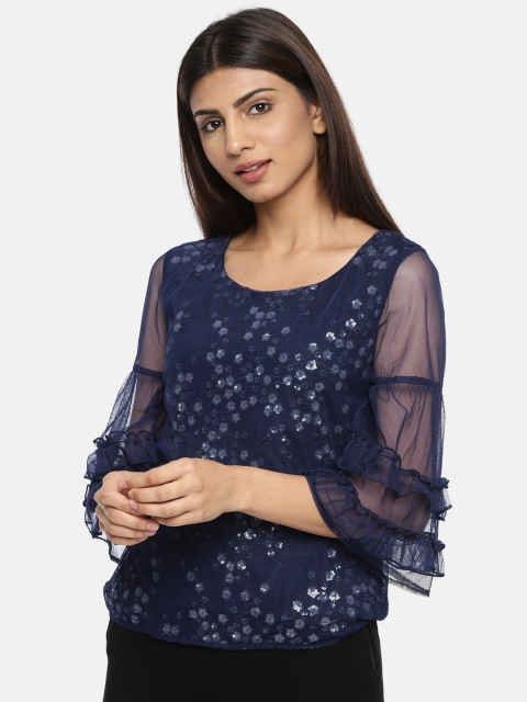 

CODE by Lifestyle Women Navy Blue Self Design Embellished Top