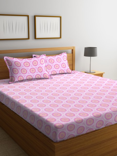 

CORE Designed by SPACES Pink & White Ethnic Motifs Flat 104 TC Cotton 1 Queen Bedsheet with 2 Pillow Covers