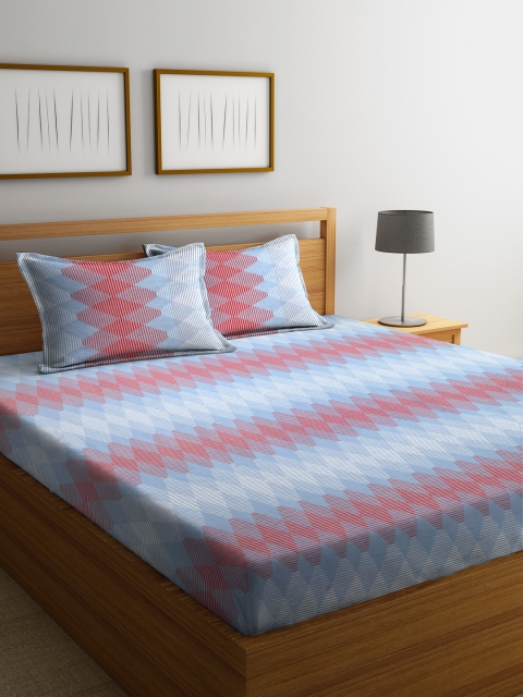 

CORE Designed by SPACES Blue & Pink Geometric Flat 104 TC Cotton 1 Queen Bedsheet with 2 Pillow Covers