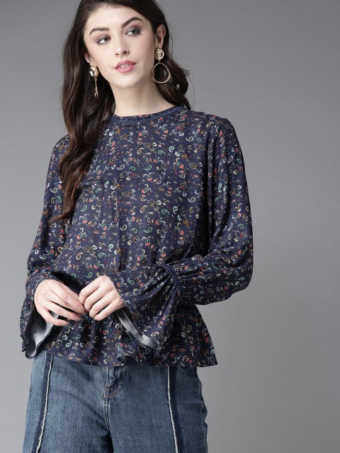 

Moda Rapido Women Navy Blue Printed Cinched Waist Top