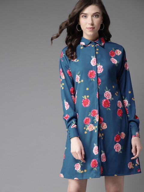 

Moda Rapido Women Teal Blue & Pink Printed Shirt Dress