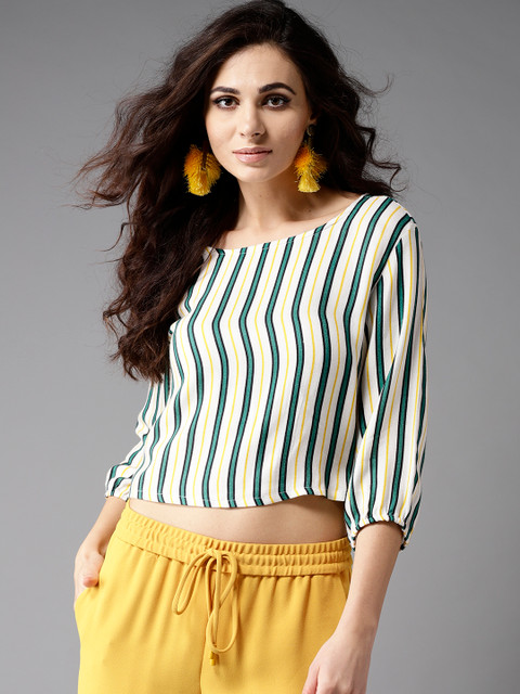 

Moda Rapido Women White & Green Striped Cropped Top