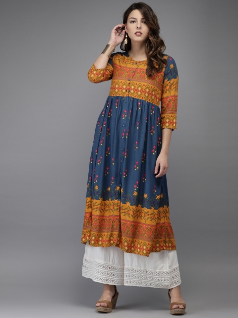 

HERE&NOW Women Blue & Mustard Yoke Design A-Line Kurta