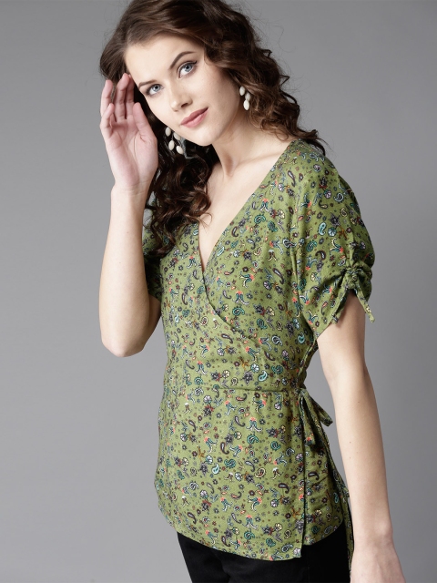 

Moda Rapido Women Olive Green & Navy Blue Printed Wrap Top