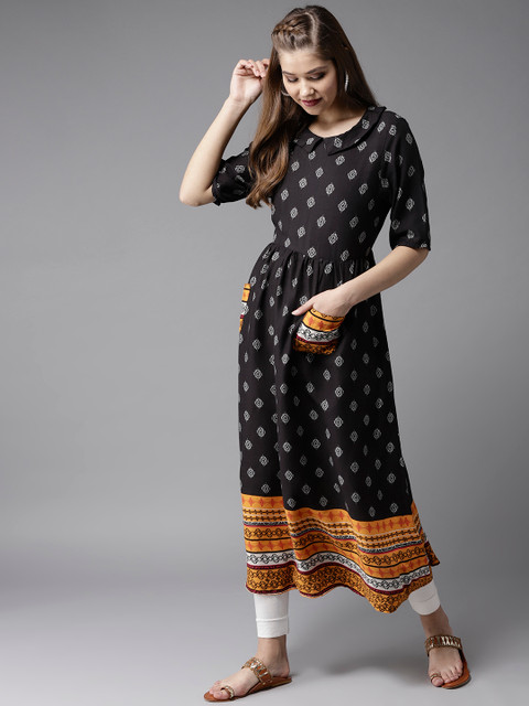 

HERE&NOW Women Black & Orange Printed A-Line Kurta