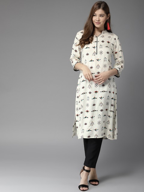 

HERE&NOW Women White & Black Printed Straight Kurta