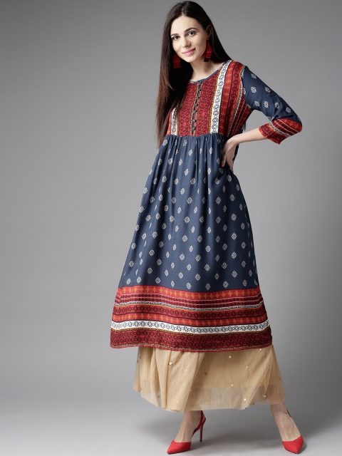 

HERE&NOW Women Navy Blue & Red Printed A-Line Kurta