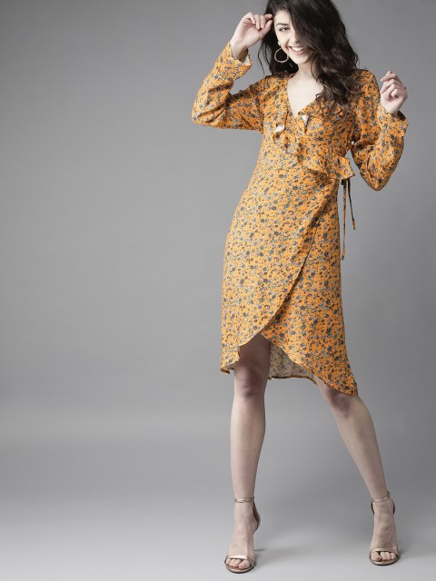 

Moda Rapido Women Orange & Black Printed Wrap Dress