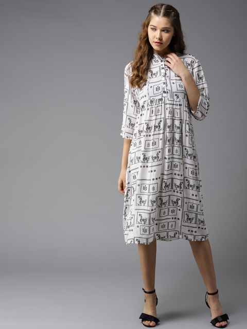 

HERE&NOW Women Off-White & Black Printed A-Line Dress