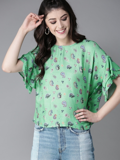 

Moda Rapido Women Sea Green Printed Boxy Top