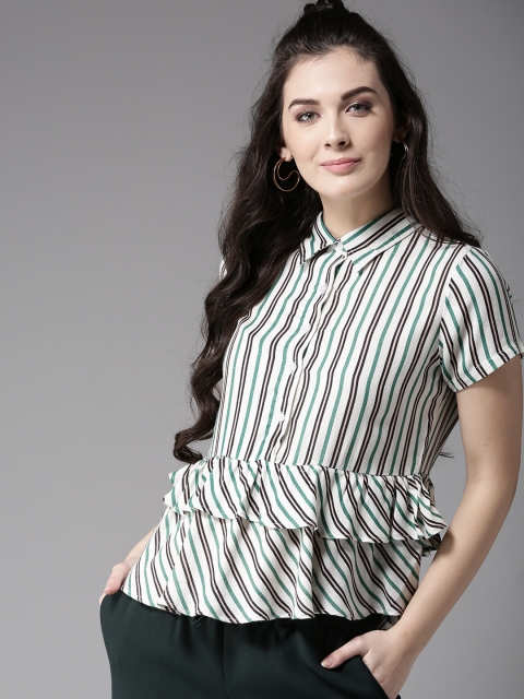 

Moda Rapido Women Off-White & Green Striped Shirt Style Top