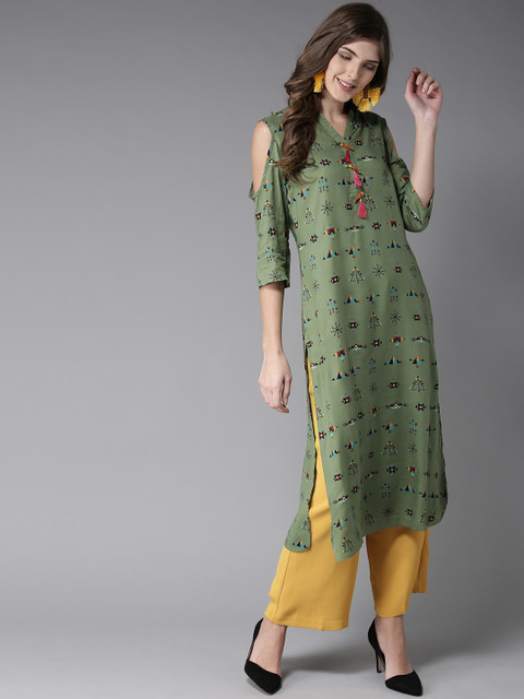 

HERE&NOW Women Green & Black Printed Straight Kurta