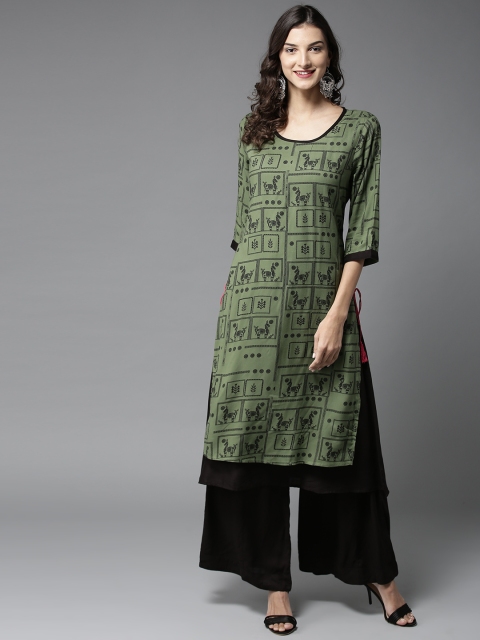 

HERE&NOW Women Olive Green & Black Printed Kurta with Palazzos