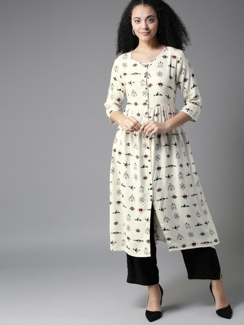 

HERE&NOW Women White & Black Printed Kurta with Trousers