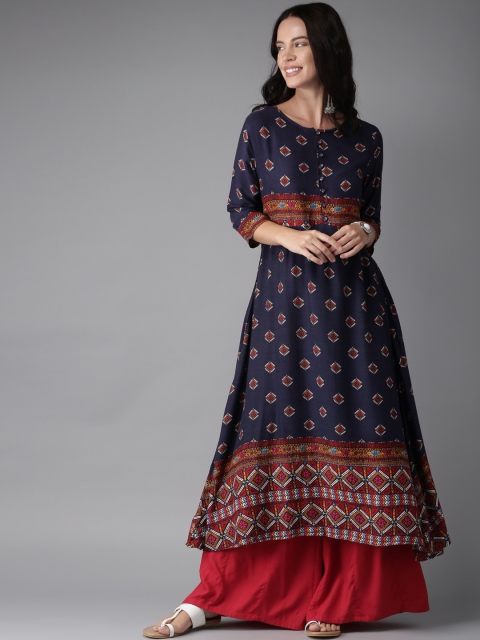 

HERE&NOW Women Navy Blue & Red Printed Kurta with Palazzos