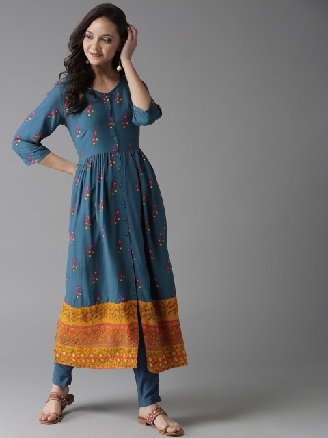 

HERE&NOW Women Teal Blue Printed Kurta with Trousers