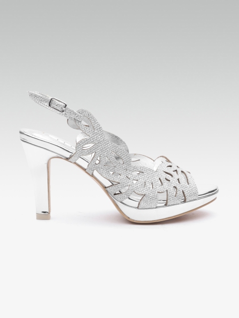 

ELLE Women Silver-Toned Solid Laser Cuts Open Toe Heels