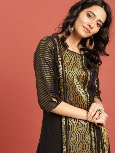 

Taavi Women Black & Gold-Toned Woven Design A-Line Sustainable Kurta