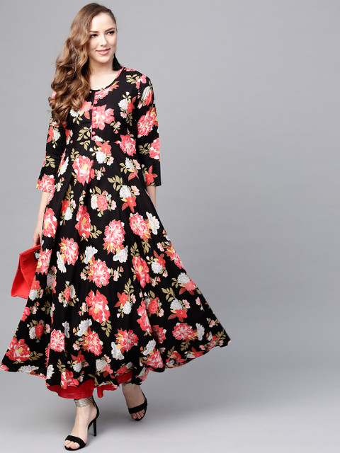 

Tissu Women Black & Pink Floral Print A-Line Kurta