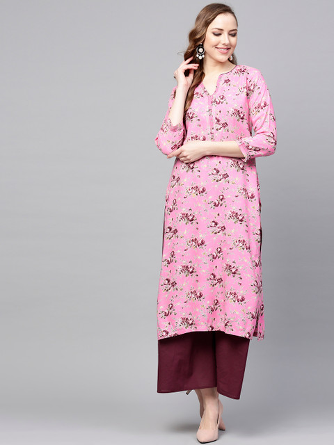

Tissu Women Pink & Burgundy Printed Kurta with Palazzos
