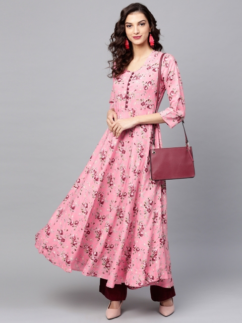 

Tissu Women Pink & Burgundy Printed A-Line Kurta