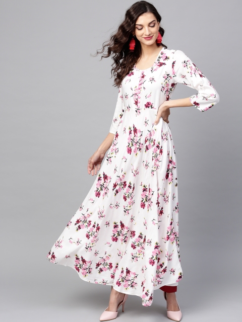 

Tissu Women Off-White & Pink Floral Printed A-Line Kurta