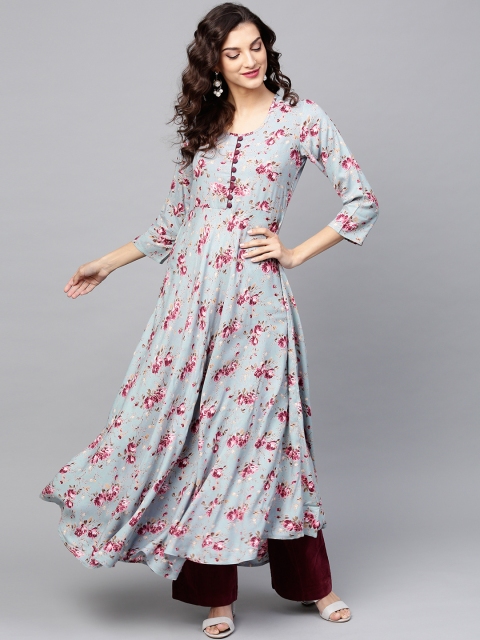 

Tissu Women Blue & Pink Floral Print A-Line Kurta