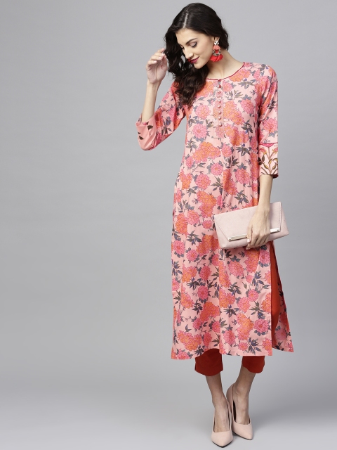 

Tissu Women Peach-Coloured Printed Straight Kurta