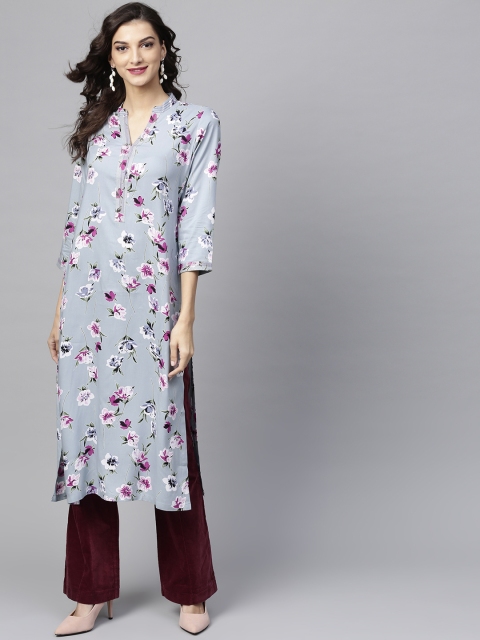 

Tissu Women Grey & Pink Printed Straight Kurta