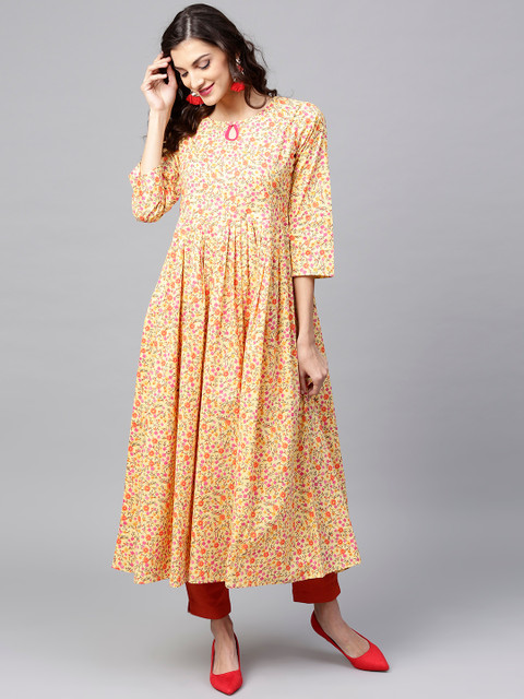 

Tissu Women Yellow & Orange Printed A-Line Kurta
