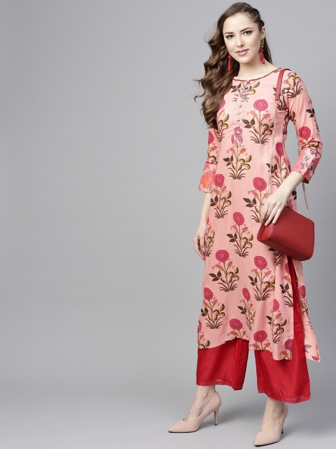 

Tissu Women Pink & Green Printed Straight Kurta