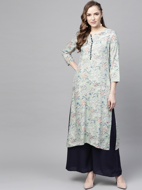 

Tissu Women Mint Green & Navy Blue Printed Kurta with Palazzos